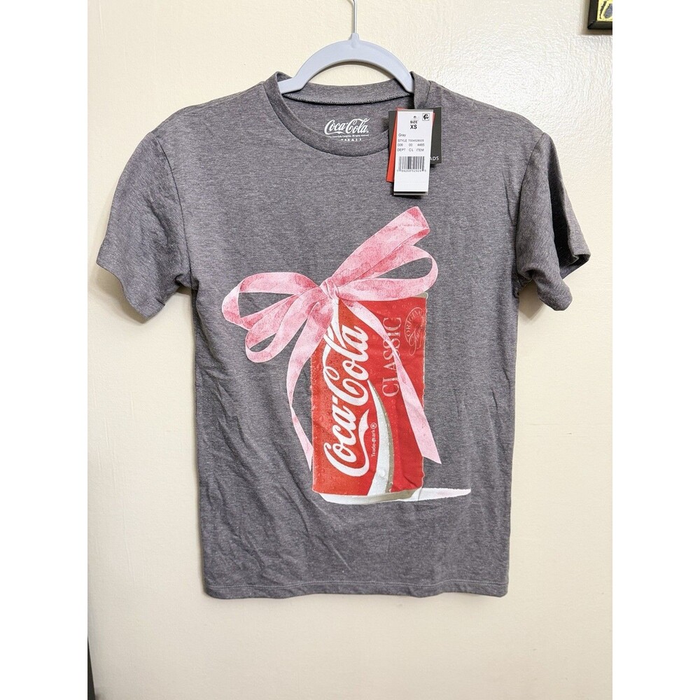 Coca-Cola Classic Can Pink Bow Graphic Gray T-Shirt Soda Theme Size XS